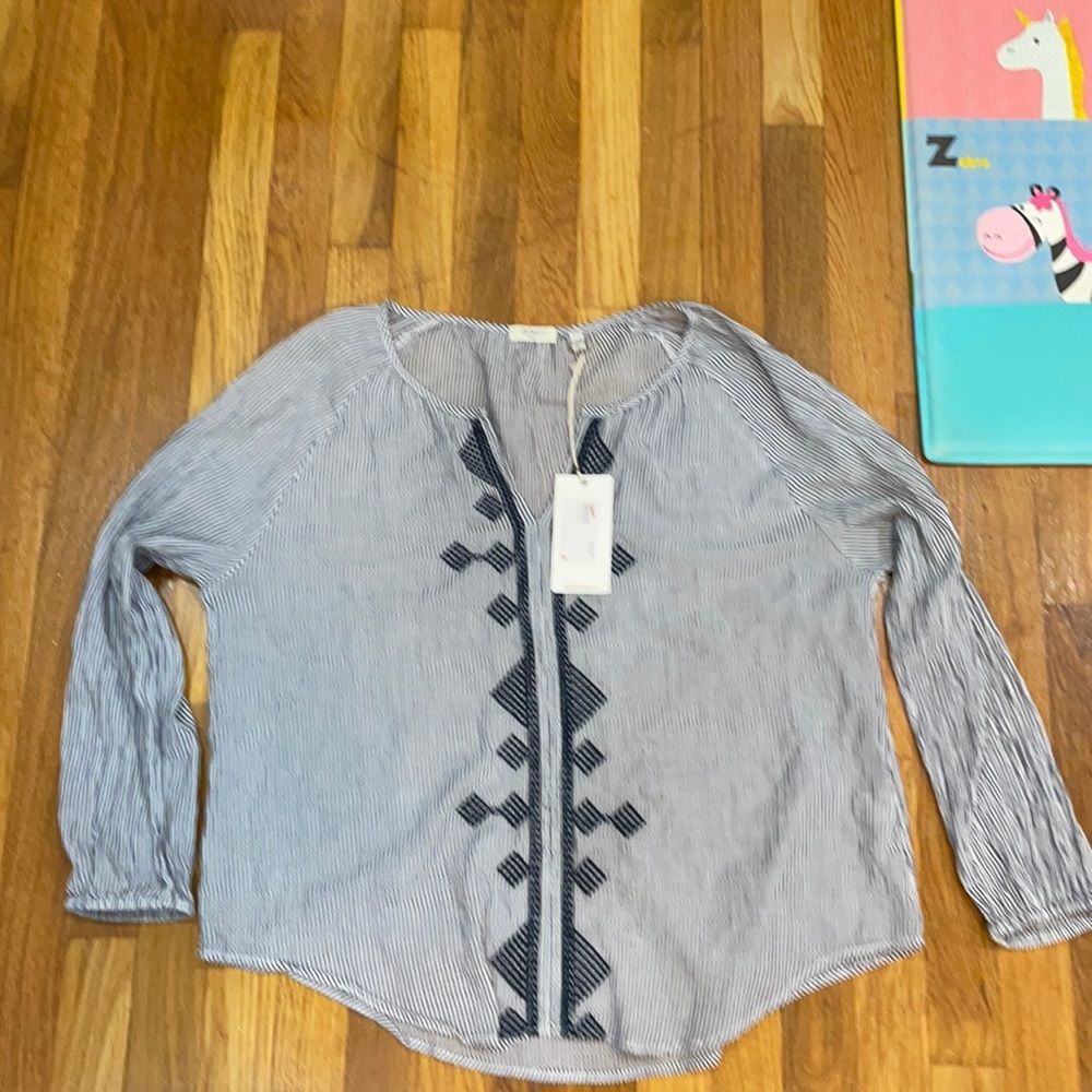 dylan White and Navy Striped Embroidered Peasant Blouse